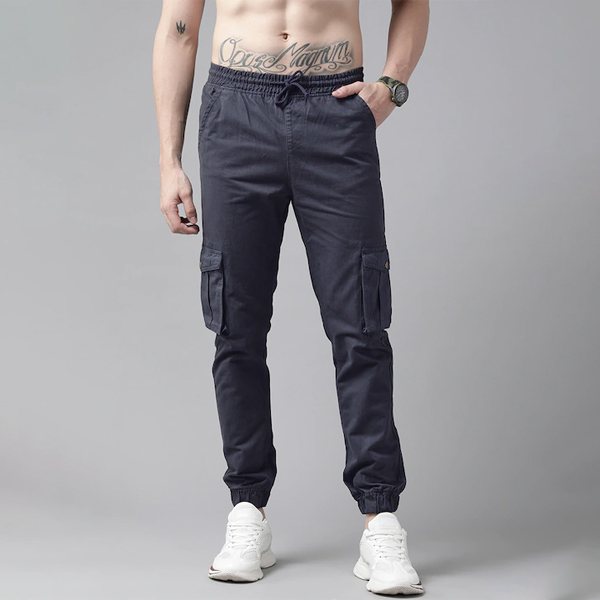 Men Navy Blue Solid Mid-Rise Woven Pure Cotten Cargo Trousers